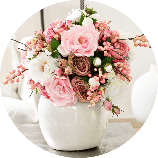 bouquet rond de fleurs artificielles rose et blanc